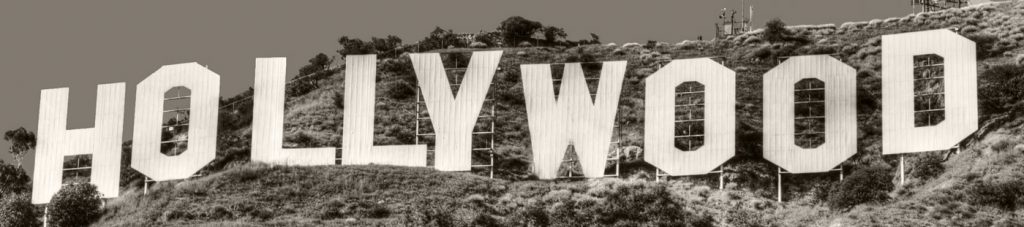 Black and white photo of the Hollywood sign.