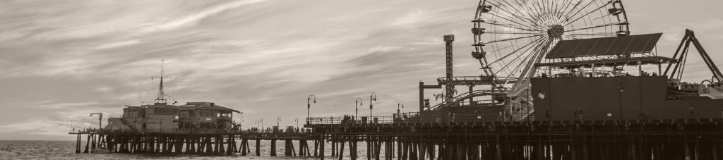 Black and white photo of the Santa Monica Pier.